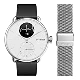 Withings - Scanwatch 38 mm Weiß mit Schwarzem FKM Silikonband 18 mm + 1 Milanaise Uhrenarmband Silber 18 mm - Hybrid Smart Watch mit EKG, Herz-Scan, SPO2 und Schlaftracking